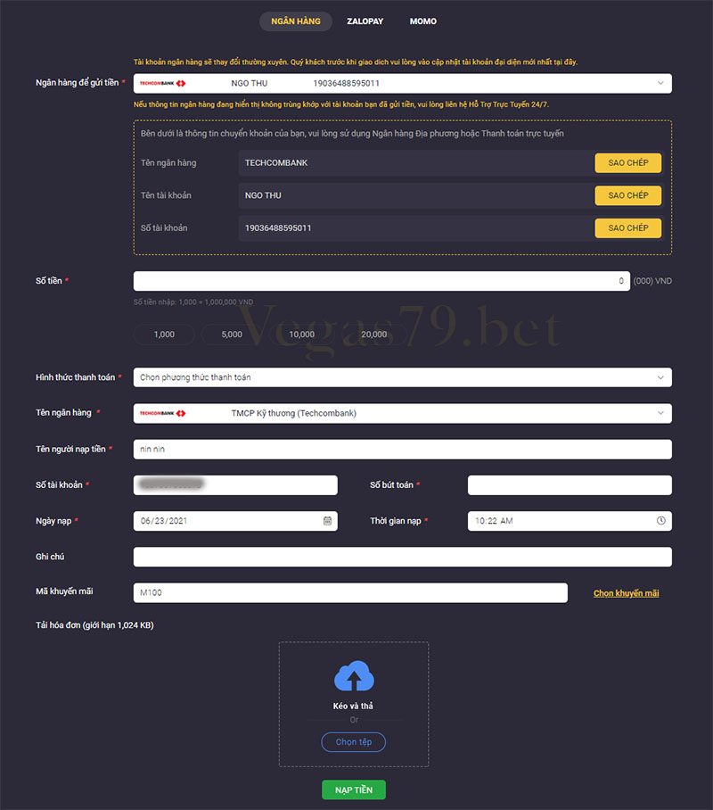 Nạp tiền Vegas79 qua ngân hàng